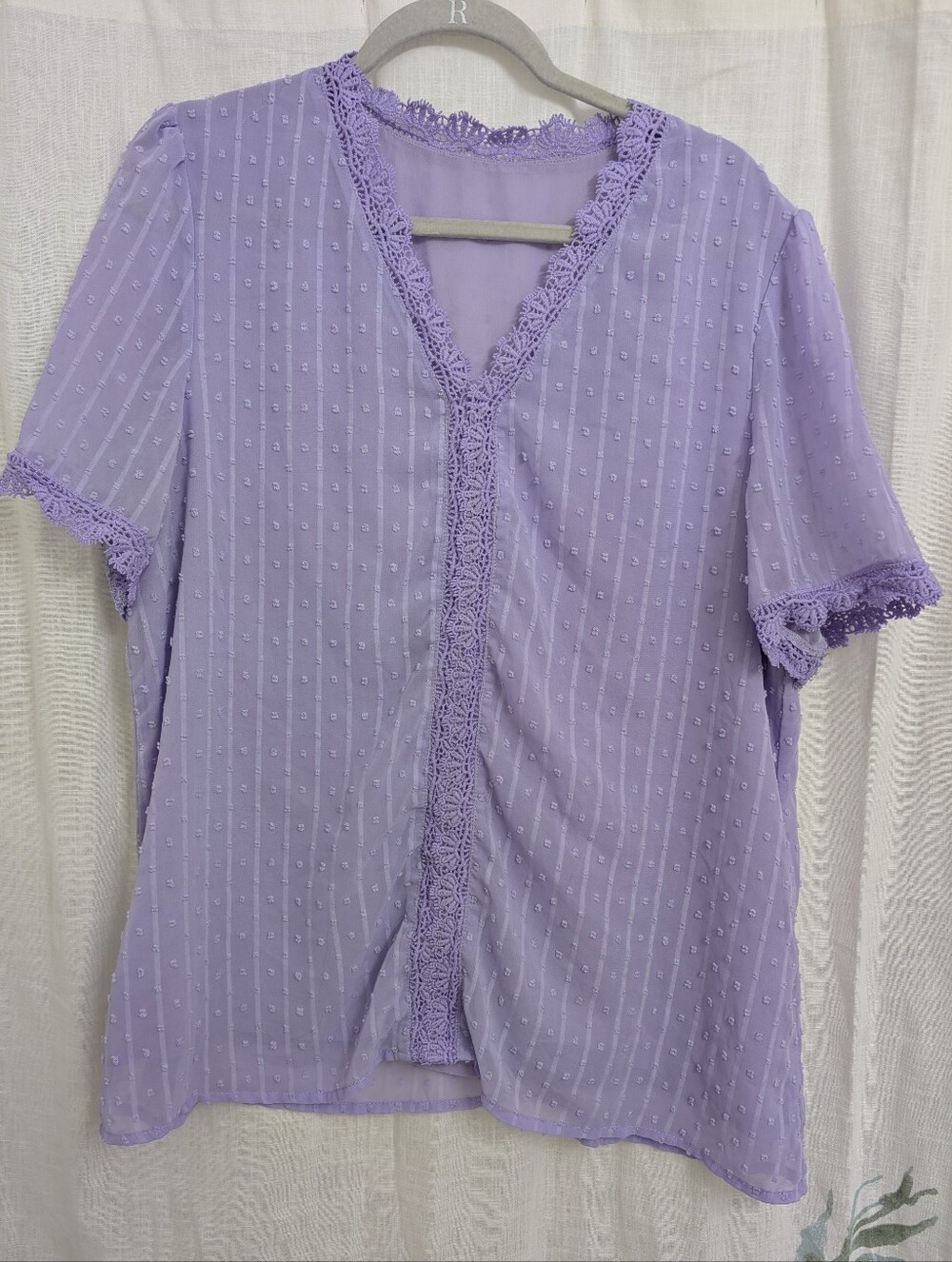 Lavender Swiss Dot Lace Trim Blouse XL Boho Cottagecore Top